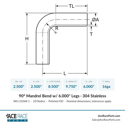 2.500" 16ga Tight Radius 90° Mandrel Bend - (2.500" CLR / 6.000" Legs) - Polished OD - 304 Stainless