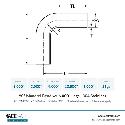 3.000" 16ga Tight Radius 90° Mandrel Bend - (3.000" CLR / 6.000" Legs) - Polished OD - 304 Stainless