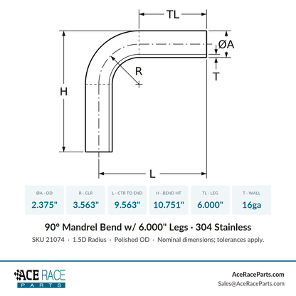 2.375" 16ga 90° Mandrel Bend - (3.563" CLR / 6.000" Legs) - Polished OD - 304 Stainless