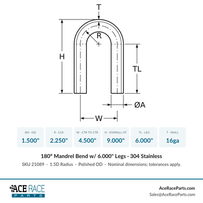 1.500" 16ga 180° Mandrel Bend - (2.250" CLR / 6.000" Legs) - Polished OD - 304 Stainless