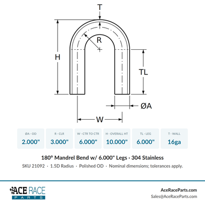 2.000" 16ga 180° Mandrel Bend - (3.000" CLR / 6.000" Legs) - Polished OD - 304 Stainless