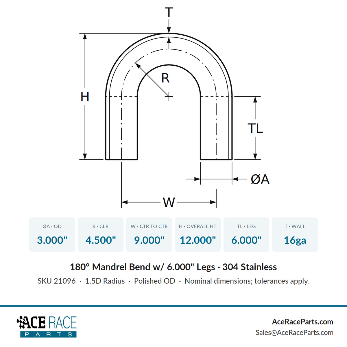 3.000" 16ga 180° Mandrel Bend - (4.500" CLR / 6.000" Legs) - Polished OD - 304 Stainless