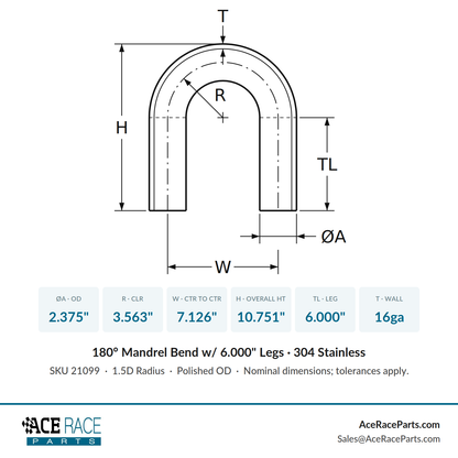 2.375" 16ga 180° Mandrel Bend - (3.563" CLR / 6.000" Legs) - Polished OD - 304 Stainless