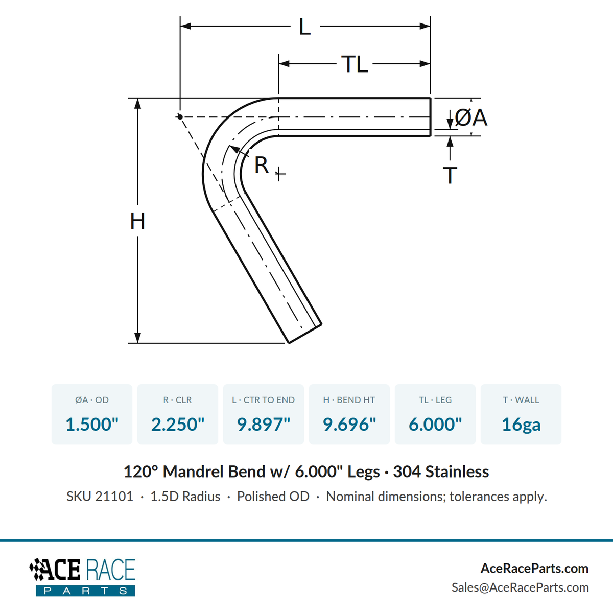 1.500" 16ga 120° Mandrel Bend - (2.250" CLR / 6.000" Legs) - Polished OD - 304 Stainless