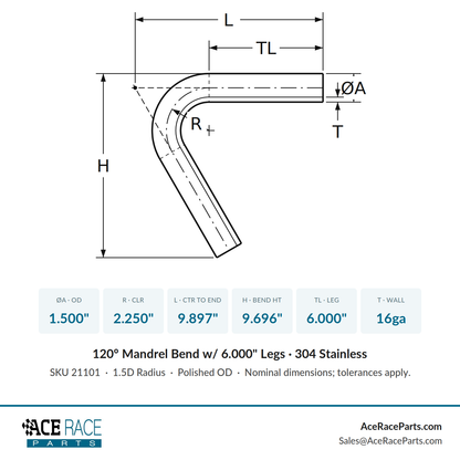 1.500" 16ga 120° Mandrel Bend - (2.250" CLR / 6.000" Legs) - Polished OD - 304 Stainless