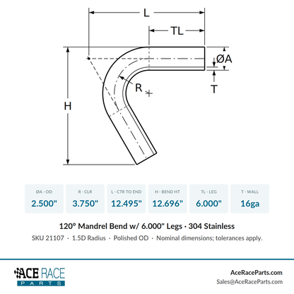 2.500" 16ga 120° Mandrel Bend - (3.750" CLR / 6.000" Legs) - Polished OD - 304 Stainless