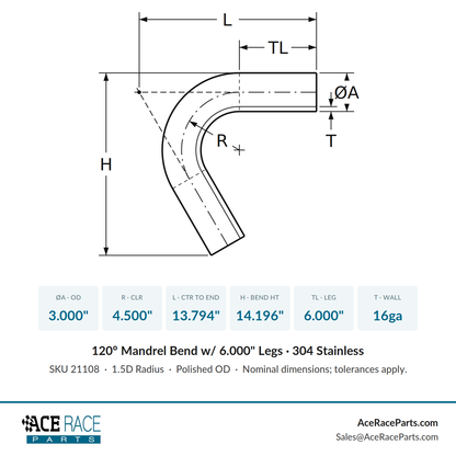 3.000" 16ga 120° Mandrel Bend - (4.500" CLR / 6.000" Legs) - Polished OD - 304 Stainless