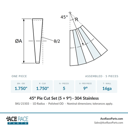 1.750" 16ga Tight Radius (1D) Pie Cut 304 Stainless (45° Bend - 5 Pieces Total)