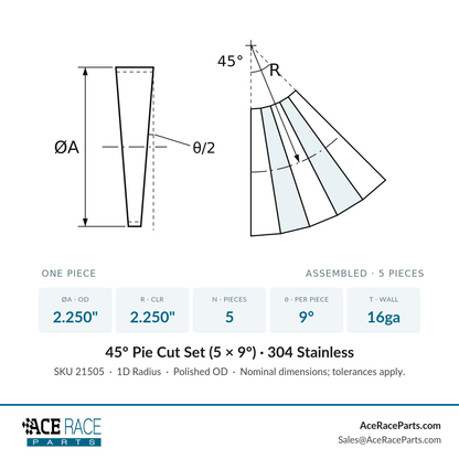 2.250" 16ga Tight Radius (1D) Pie Cut 304 Stainless (45° Bend - 5 Pieces Total)