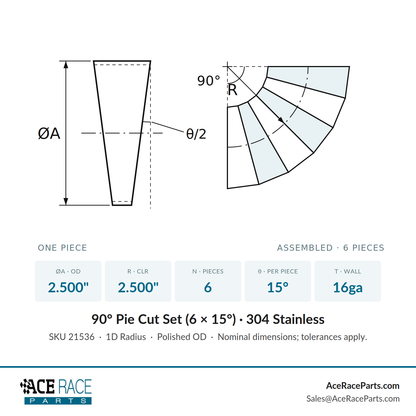 2.500" 16ga Tight Radius (1D) Pie Cut 304 Stainless (90° Bend - 6 Pieces Total)