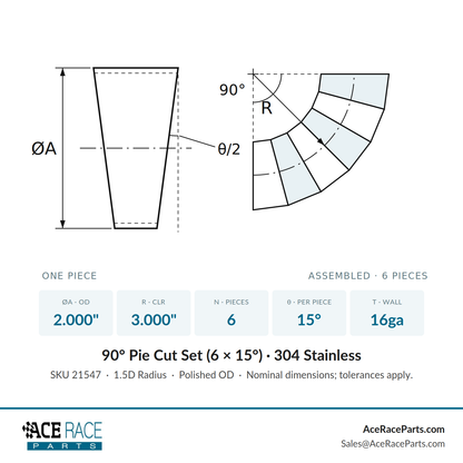 2.000" 16ga Long Radius (1.5D) Pie Cut 304 Stainless (90° Bend - 6 Pieces Total)