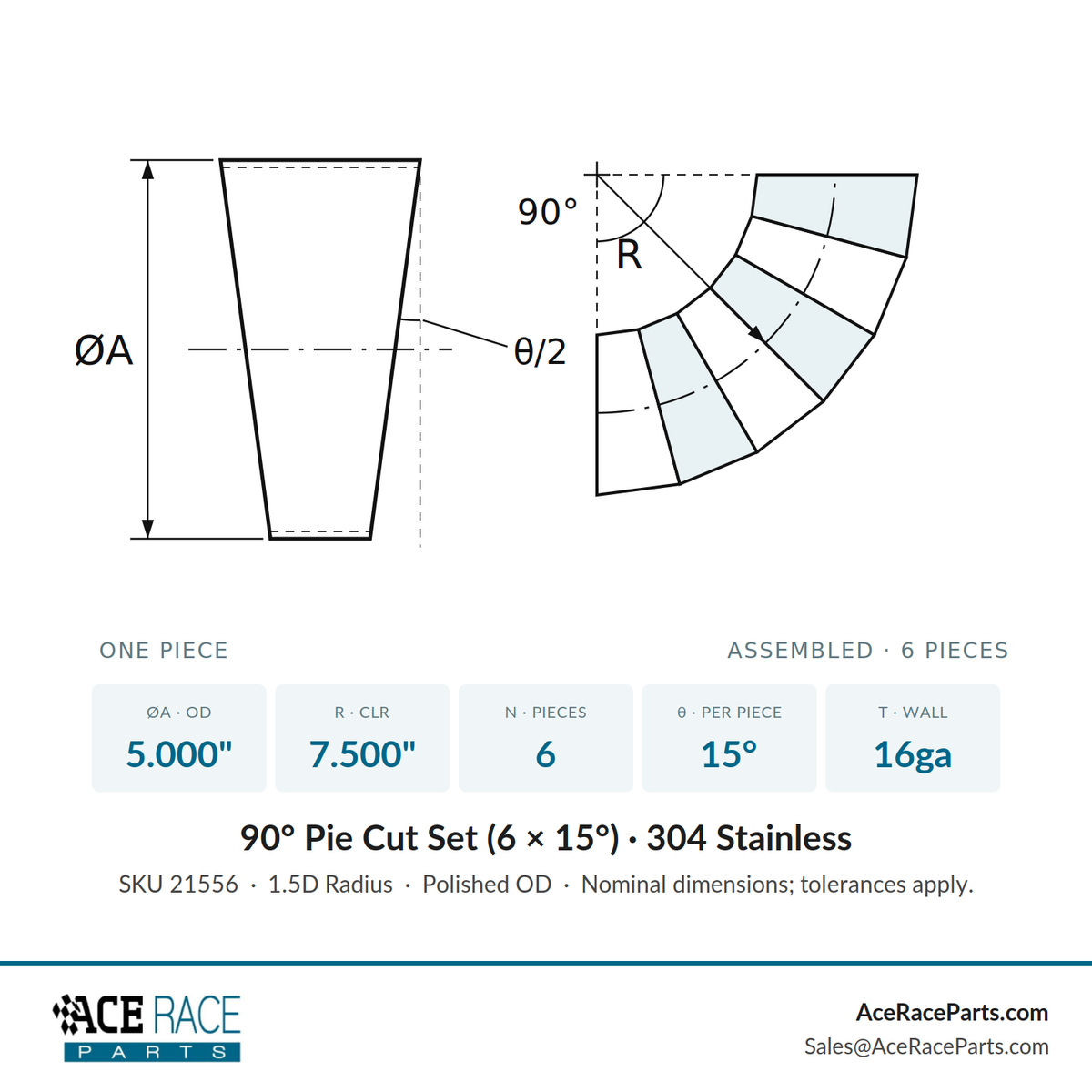 5.000" 16ga Long Radius (1.5D) Pie Cut 304 Stainless (90° Bend - 6 Pieces Total)