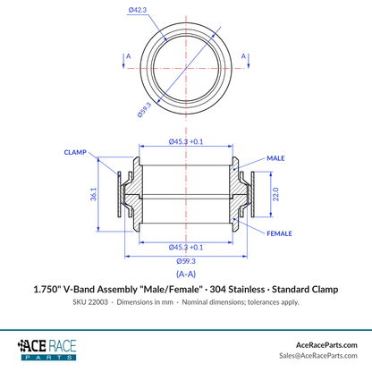 1.750" V-Band Assembly "Male/Female" 304 Stainless - Standard Clamp