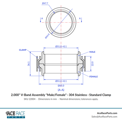 2.000" V-Band Assembly "Male/Female" 304 Stainless - Standard Clamp