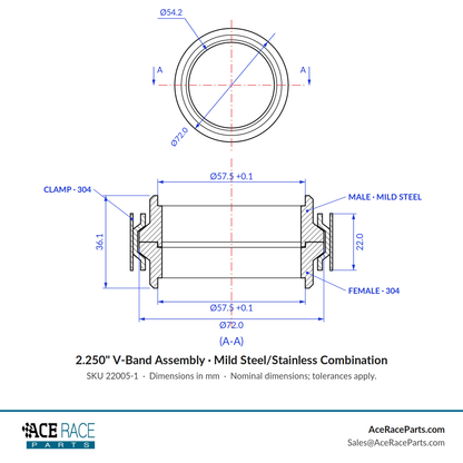 2.250" V-Band Assembly Mild Steel/Stainless Combination - Standard Clamp