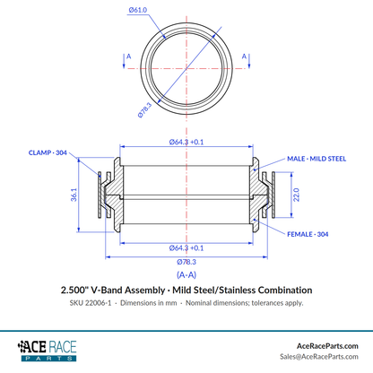 2.500" V-Band Assembly Mild Steel/Stainless Combination - Standard Clamp