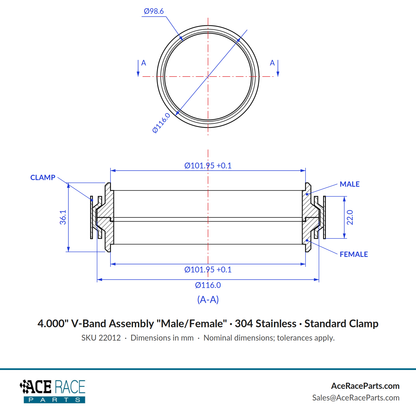 4.000" V-Band Assembly "Male/Female" 304 Stainless - Standard Clamp