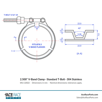 2.500" V-Band Clamp - Standard T-Bolt - (For 3.083" OD Flanges) - 304 Stainless