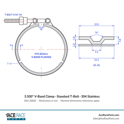 3.500" V-Band Clamp - Standard T-Bolt - (For 4.079" OD Flanges) - 304 Stainless