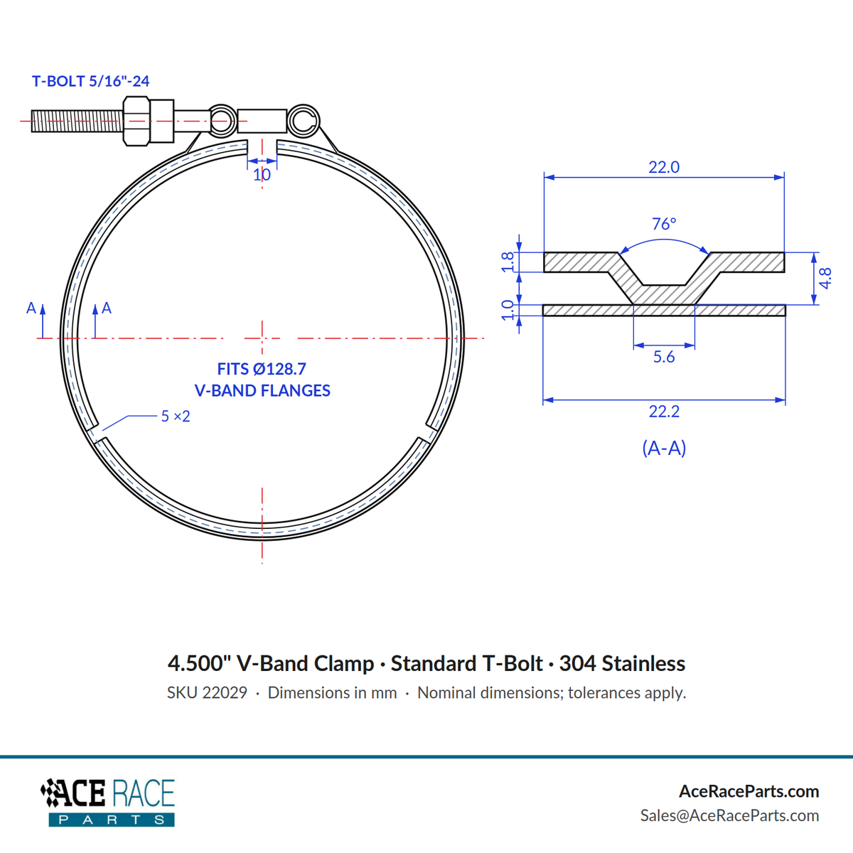 4.500" V-Band Clamp - Standard T-Bolt - (For 5.067" OD Flanges) - 304 Stainless