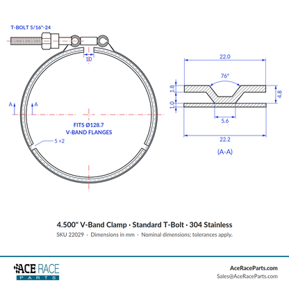 4.500" V-Band Clamp - Standard T-Bolt - (For 5.067" OD Flanges) - 304 Stainless