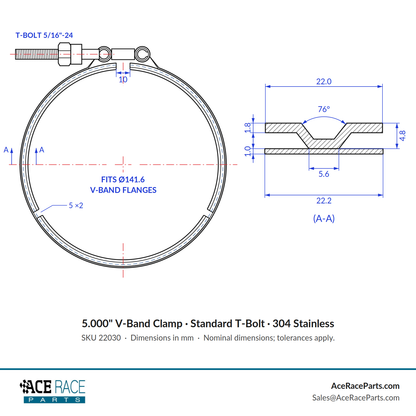 5.000" V-Band Clamp - Standard T-Bolt - (For 5.575" OD Flanges) - 304 Stainless
