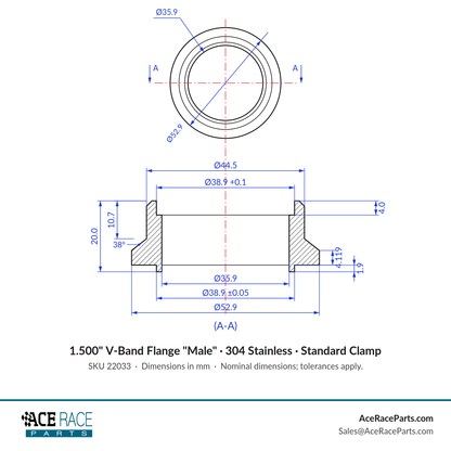 1.500" V-Band Flange "Male" 304 Stainless - Fits Standard V-Band Clamp