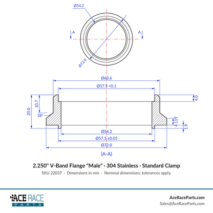 2.250" V-Band Flange "Male" 304 Stainless - Fits Standard V-Band Clamp