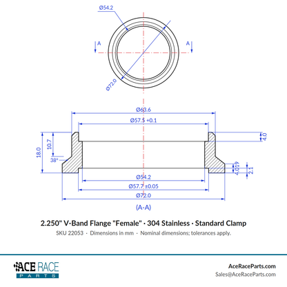 2.250" V-Band Flange "Female" 304 Stainless - Fits Standard V-Band Clamp