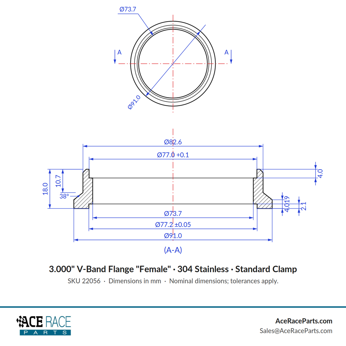 3.000" V-Band Flange "Female" 304 Stainless - Fits Standard V-Band Clamp