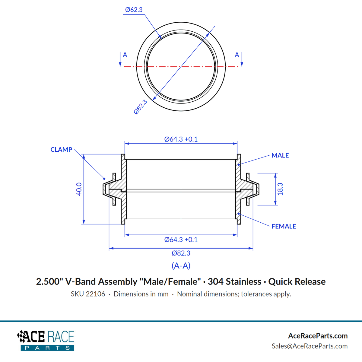 2.500" V-Band Assembly "Male/Female" 304 Stainless - Quick Release Clamp