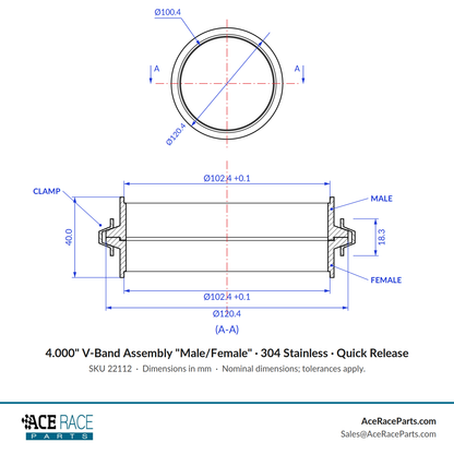 4.000" V-Band Assembly "Male/Female" 304 Stainless - Quick Release Clamp