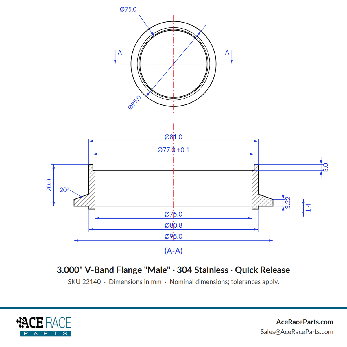 3.000" V-Band Flange "Male" 304 Stainless - Fits Quick Release Clamp