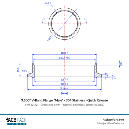 3.500" V-Band Flange "Male" 304 Stainless - Fits Quick Release Clamp