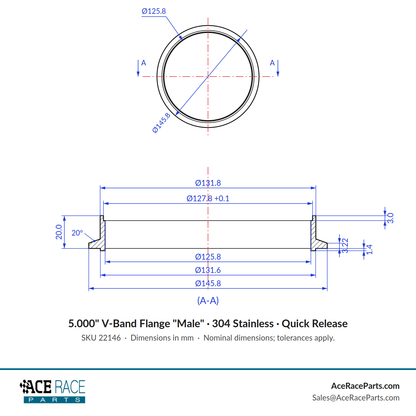5.000" V-Band Flange "Male" 304 Stainless - Fits Quick Release Clamp