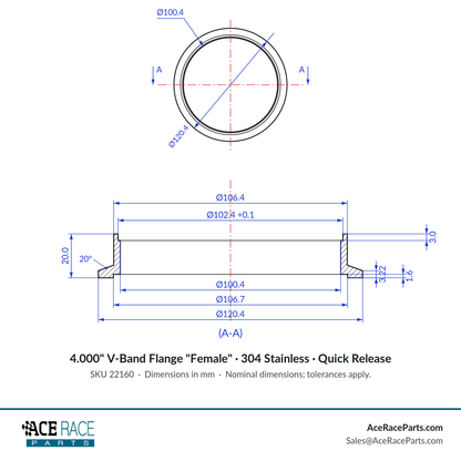4.000" V-Band Flange "Female" 304 Stainless - Fits Quick Release Clamp