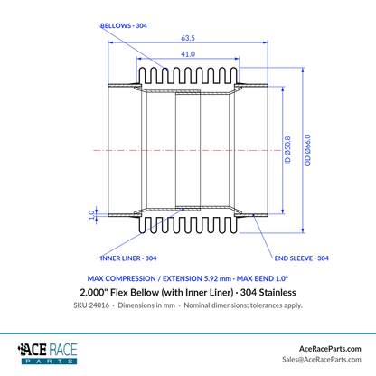2.000" Flex Bellow (with Inner Liner) x 2.500" Overall Length - 304 Stainless