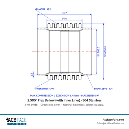 2.500" Flex Bellow (with Inner Liner) x 3.000" Overall Length - 304 Stainless