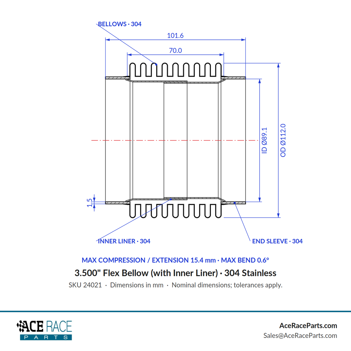 3.500" Flex Bellow (with Inner Liner) x 4.000" Overall Length - 304 Stainless