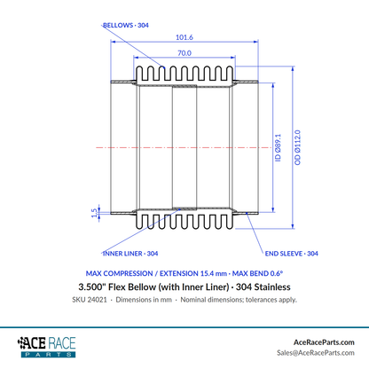 3.500" Flex Bellow (with Inner Liner) x 4.000" Overall Length - 304 Stainless