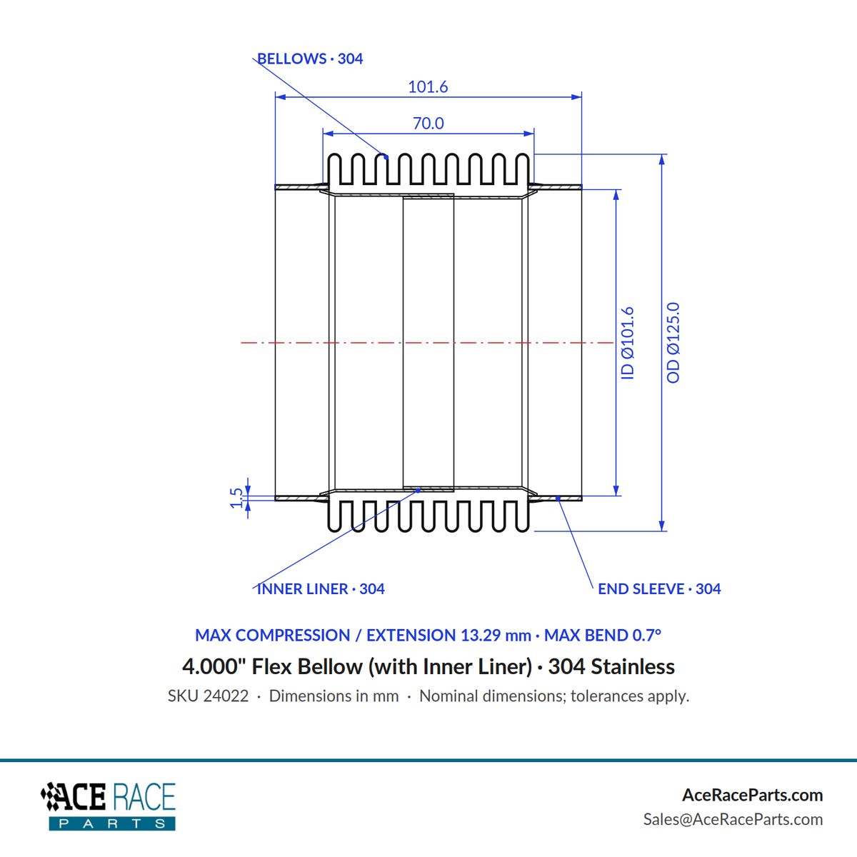 4.000" Flex Bellow (with Inner Liner) x 4.000" Overall Length - 304 Stainless