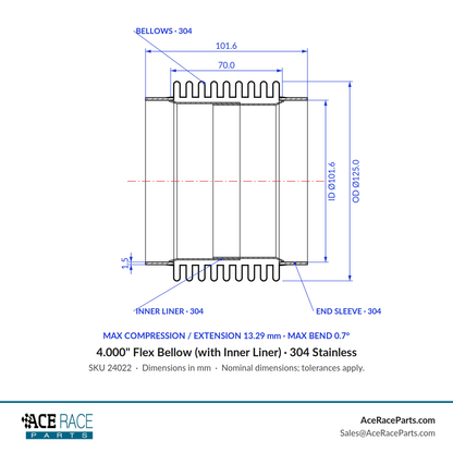 4.000" Flex Bellow (with Inner Liner) x 4.000" Overall Length - 304 Stainless