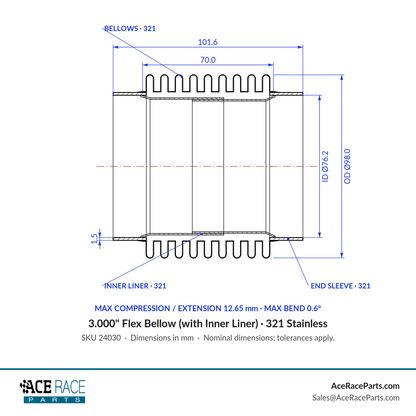 3.000" Flex Bellow (with Inner Liner) x 4.000" Overall Length - 321 Stainless
