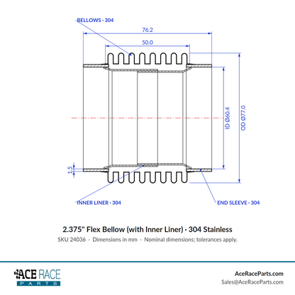 2.375" Flex Bellow (with Inner Liner) x 3.000" Overall Length - 304 Stainless