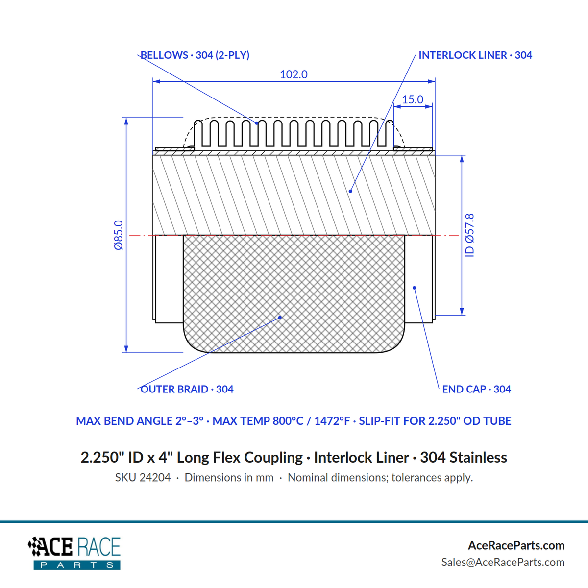 2.250" ID x 4" Long Flex Coupling (Interlock Liner) 304 Stainless