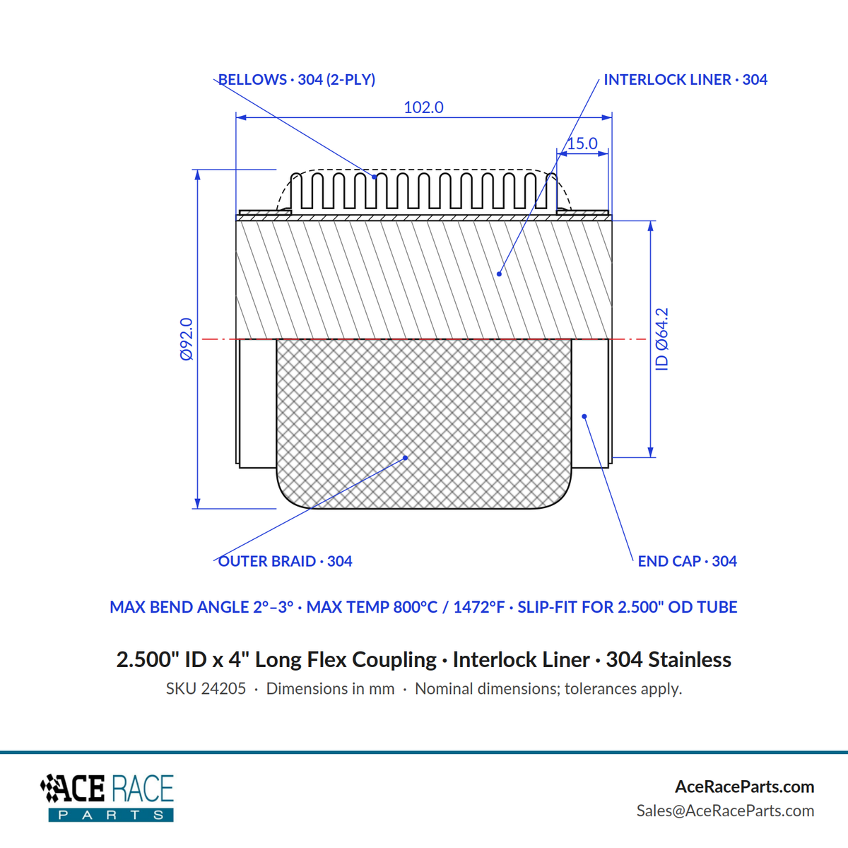 2.500" ID x 4" Long Flex Coupling (Interlock Liner) 304 Stainless