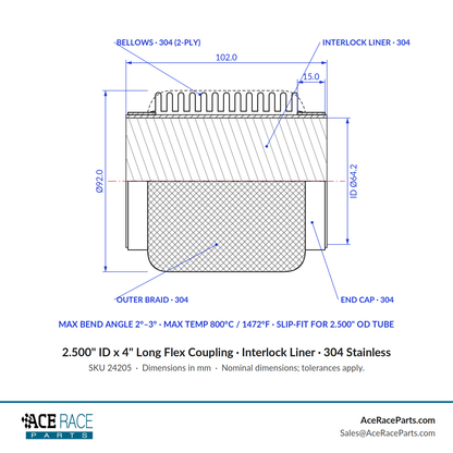 2.500" ID x 4" Long Flex Coupling (Interlock Liner) 304 Stainless