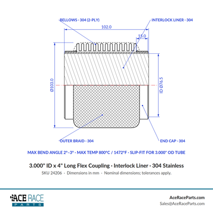 3.000" ID x 4" Long Flex Coupling (Interlock Liner) 304 Stainless