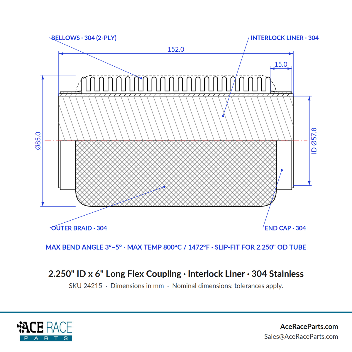 2.250" ID x 6" Long Flex Coupling (Interlock Liner) 304 Stainless