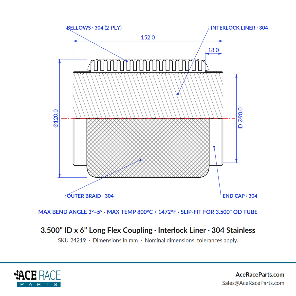 3.500" ID x 6" Long Flex Coupling (Interlock Liner) 304 Stainless
